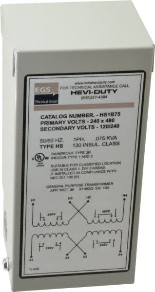 Sola/Hevi-Duty - 1 Phase, 240-480 Volt Input, 120/240 Volt Output, 60 Hz, 0.08 kVA, General Purpose Transformer - 4, 12, 3R, 4X NEMA Rating, 176°F Temp Rise, 4 Inch Wide x 3 Inch Deep x 6 Inch High, Indoor, Outdoor, Wall Mount - Exact Tooling