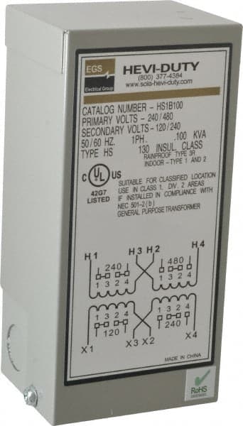 Sola/Hevi-Duty - 1 Phase, 240-480 Volt Input, 120/240 Volt Output, 60 Hz, 0.1 kVA, General Purpose Transformer - 4, 12, 3R, 4X NEMA Rating, 176°F Temp Rise, 4 Inch Wide x 3 Inch Deep x 6 Inch High, Indoor, Outdoor, Wall Mount - Exact Tooling