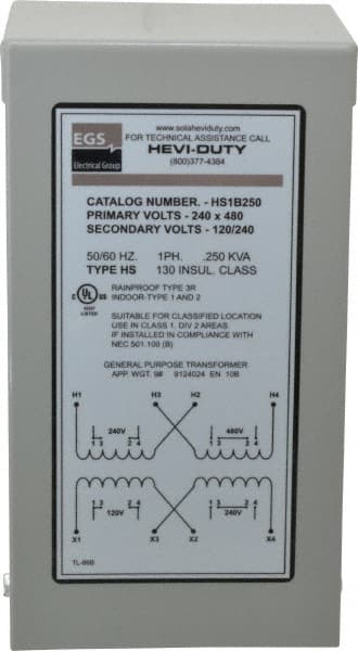 Sola/Hevi-Duty - 1 Phase, 240-480 Volt Input, 120/240 Volt Output, 60 Hz, 1/4 kVA, General Purpose Transformer - 4, 12, 3R, 4X NEMA Rating, 176°F Temp Rise, 4 Inch Wide x 4 Inch Deep x 8 Inch High, Indoor, Outdoor, Wall Mount - Exact Tooling