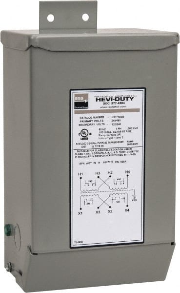Sola/Hevi-Duty - 1 Phase, 240-480 Volt Input, 120/240 Volt Output, 60 Hz, 0.5 kVA, General Purpose Transformer - 4, 12, 3R, 4X NEMA Rating, 239°F Temp Rise, 6 Inch Wide x 5 Inch Deep x 10 Inch High, Indoor, Outdoor, Wall Mount - Exact Tooling