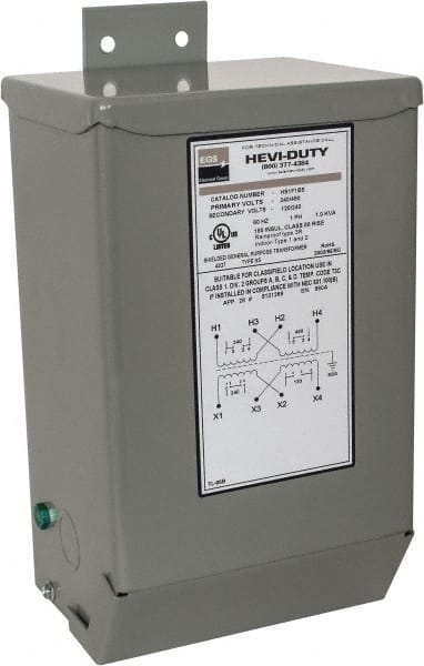 Sola/Hevi-Duty - 1 Phase, 240-480 Volt Input, 120/240 Volt Output, 60 Hz, 1 kVA, General Purpose Transformer - 4, 12, 3R, 4X NEMA Rating, 239°F Temp Rise, 6 Inch Wide x 5 Inch Deep x 10 Inch High, Indoor, Outdoor, Wall Mount - Exact Tooling