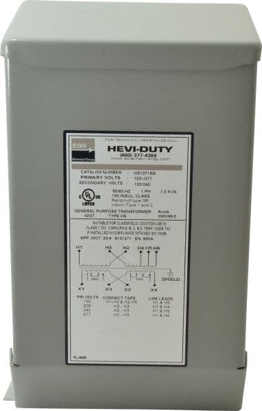 Sola/Hevi-Duty - 1 Phase, 120/208/240/277 Volt Input, 120/240 Volt Output, 60 Hz, 1 kVA, General Purpose Transformer - 4, 12, 3R, 4X NEMA Rating, 239°F Temp Rise, 6 Inch Wide x 5 Inch Deep x 10 Inch High, Indoor, Outdoor, Wall Mount - Exact Tooling