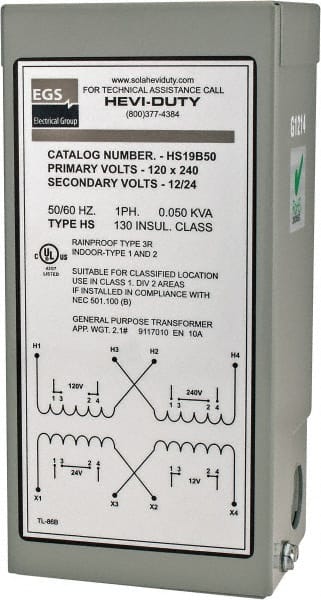 Sola/Hevi-Duty - 120/240 Input Volt, 12/24 Output Volt, 60 Hz, Buck Boost Transformer - 1 Phase, 4 Inch Wide x 3 Inch Deep x 6 Inch High, cULus Listed E77014 - Exact Tooling