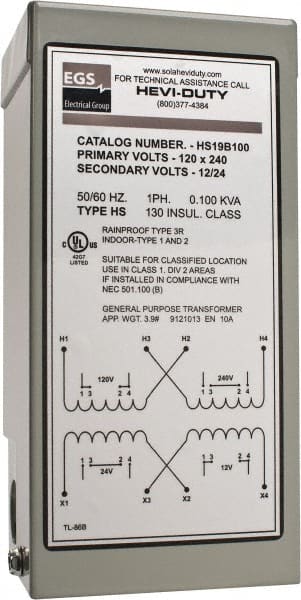 Sola/Hevi-Duty - 120/240 Input Volt, 12/24 Output Volt, 60 Hz, Buck Boost Transformer - 1 Phase, 4 Inch Wide x 3 Inch Deep x 6 Inch High, cULus Listed E77014 - Exact Tooling