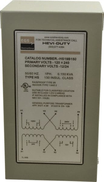 Sola/Hevi-Duty - 120/240 Input Volt, 12/24 Output Volt, 60 Hz, Buck Boost Transformer - 1 Phase, 4 Inch Wide x 4 Inch Deep, cULus Listed E77014 - Exact Tooling