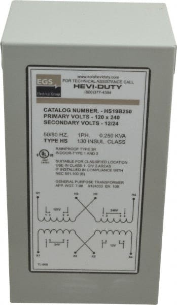Sola/Hevi-Duty - 120/240 Input Volt, 12/24 Output Volt, 60 Hz, Buck Boost Transformer - 1 Phase, 4 Inch Wide x 4 Inch Deep, cULus Listed E77014 - Exact Tooling