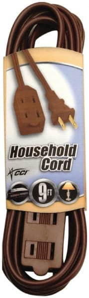 Southwire - 9', 16/2 Gauge/Conductors, Brown Indoor Extension Cord - 1 Receptacle, 13 Amps, 125 VAC, UL SPT-2, NEMA 1-15P, 1-15R x 3 - Exact Tooling