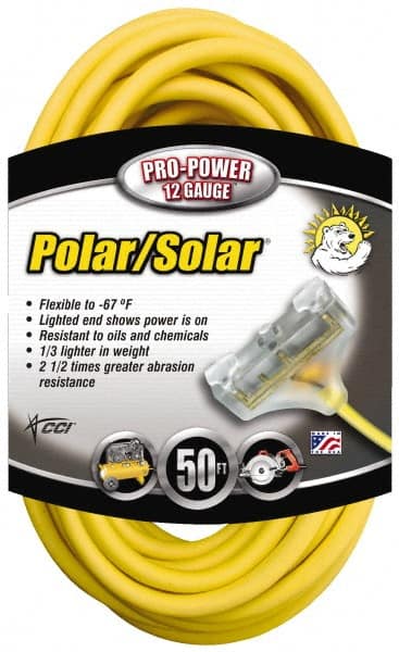 Southwire - 50', 12/3 Gauge/Conductors, Yellow Indoor & Outdoor Extension Cord - 3 Receptacle, 15 Amps, 300 Volts, UL SJEOW-A, NEMA 5-15P, 5-15R x 3 - Exact Tooling