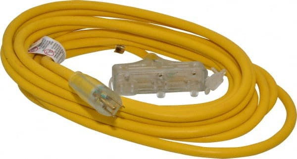 Southwire - 25', 12/3 Gauge/Conductors, Yellow Indoor & Outdoor Extension Cord - 1 Receptacle, 15 Amps, 125 VAC, UL SJTW-A, NEMA 5-15P, 5-15R x 3 - Exact Tooling