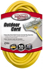 Southwire - 50', 12/3 Gauge/Conductors, Yellow Indoor & Outdoor Extension Cord - 1 Receptacle, 15 Amps, 125 VAC, UL SJTW-A, NEMA 5-15P, 5-15R x 3 - Exact Tooling