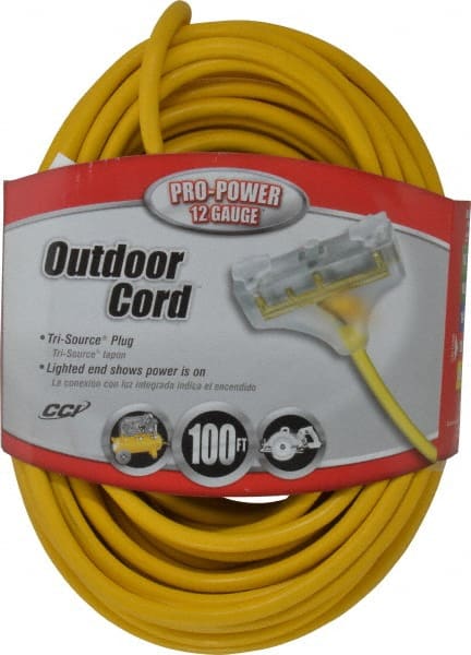 Southwire - 100', 12/3 Gauge/Conductors, Yellow Indoor & Outdoor Extension Cord - 1 Receptacle, 15 Amps, 125 VAC, UL SJTW-A, NEMA 5-15P, 5-15R x 3 - Exact Tooling