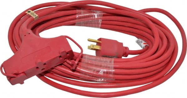 Southwire - 50', 14/3 Gauge/Conductors, Red Indoor & Outdoor Extension Cord - 1 Receptacle, 15 Amps, 125 VAC, UL SJTW-A, NEMA 5-15P, 5-15R x 3 - Exact Tooling