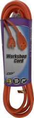 Southwire - 10', 16/3 Gauge/Conductors, Orange Indoor & Outdoor Extension Cord - 1 Receptacle, 13 Amps, 125 VAC, UL SJTW, NEMA 5-15P, 5-15R - Exact Tooling