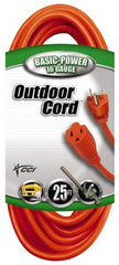 Southwire - 25', 16/3 Gauge/Conductors, Orange Indoor & Outdoor Extension Cord - 1 Receptacle, 13 Amps, 125 VAC, UL SJTW, NEMA 5-15P, 5-15R - Exact Tooling