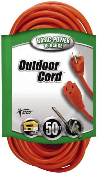 Southwire - 50', 16/3 Gauge/Conductors, Orange Indoor & Outdoor Extension Cord - 1 Receptacle, 13 Amps, 125 VAC, UL SJTW, NEMA 5-15P, 5-15R - Exact Tooling