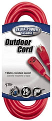 Southwire - 25', 14/3 Gauge/Conductors, Red Indoor & Outdoor Extension Cord - 1 Receptacle, 15 Amps, 125 VAC, UL SJTW, NEMA 5-15P, 5-15R - Exact Tooling
