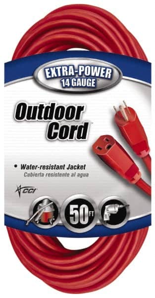Southwire - 50', 14/3 Gauge/Conductors, Red Indoor & Outdoor Extension Cord - 1 Receptacle, 15 Amps, 125 VAC, UL SJTW, NEMA 5-15P, 5-15R - Exact Tooling