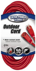 Southwire - 50', 14/3 Gauge/Conductors, Red Indoor & Outdoor Extension Cord - 1 Receptacle, 15 Amps, 125 VAC, UL SJTW, NEMA 5-15P, 5-15R - Exact Tooling