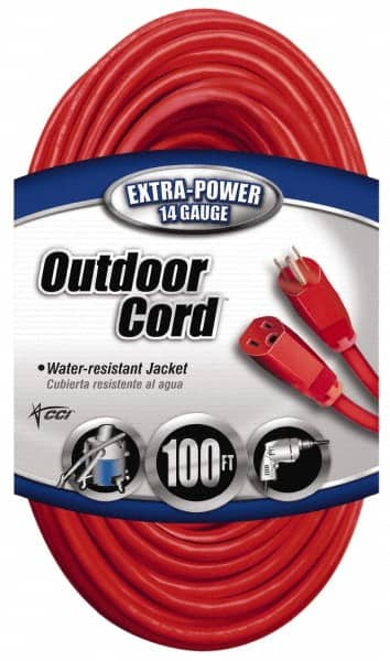 Southwire - 100', 14/3 Gauge/Conductors, Red Indoor & Outdoor Extension Cord - 1 Receptacle, 13 Amps, 125 VAC, UL SJTW, NEMA 5-15P, 5-15R - Exact Tooling