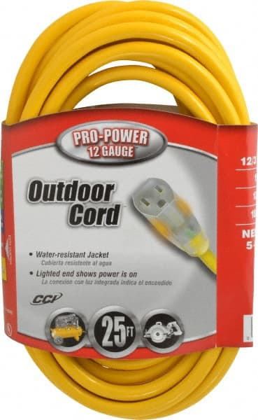 Southwire - 25', 12/3 Gauge/Conductors, Yellow Indoor & Outdoor Extension Cord - 1 Receptacle, 15 Amps, 125 VAC, UL SJTW, NEMA 5-15P, 5-15R - Exact Tooling