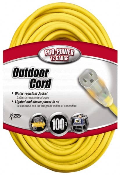Southwire - 100', 12/3 Gauge/Conductors, Yellow Indoor & Outdoor Extension Cord - 1 Receptacle, 15 Amps, 125 VAC, UL SJTW, NEMA 5-15P, 5-15R - Exact Tooling