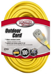 Southwire - 100', 12/3 Gauge/Conductors, Yellow Indoor & Outdoor Extension Cord - 1 Receptacle, 15 Amps, 125 VAC, UL SJTW, NEMA 5-15P, 5-15R - Exact Tooling