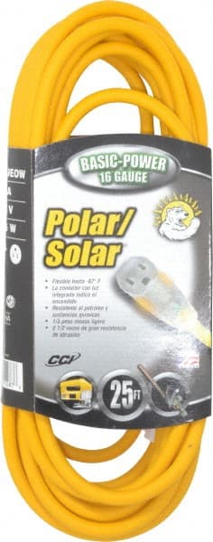 Southwire - 25', 16/3 Gauge/Conductors, Yellow Outdoor Extension Cord - 1 Receptacle, 13 Amps, 125 VAC, UL SJEOOW, NEMA 5-15P, 5-15R - Exact Tooling