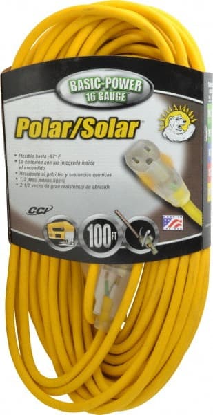 Southwire - 100', 16/3 Gauge/Conductors, Yellow Outdoor Extension Cord - 1 Receptacle, 10 Amps, 125 VAC, UL SJEOOW, NEMA 5-15P, 5-15R - Exact Tooling