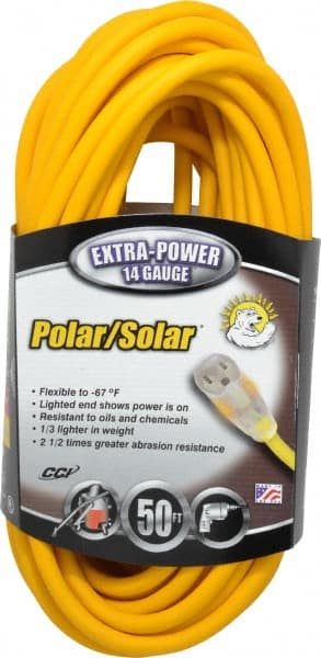 Southwire - 50', 14/3 Gauge/Conductors, Yellow Outdoor Extension Cord - 1 Receptacle, 15 Amps, 125 VAC, UL SJEOOW, NEMA 5-15P, 5-15R - Exact Tooling