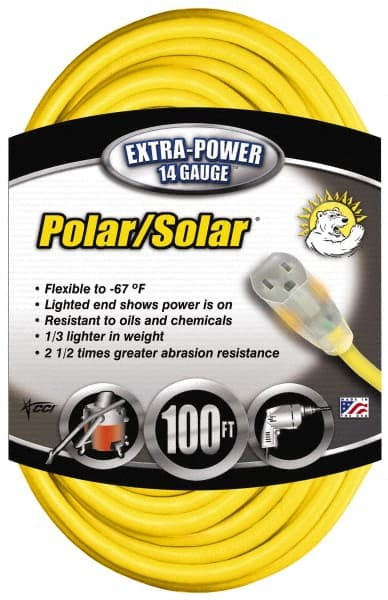 Southwire - 100', 14/3 Gauge/Conductors, Yellow Outdoor Extension Cord - 1 Receptacle, 13 Amps, 125 VAC, UL SJEOOW, NEMA 5-15P, 5-15R - Exact Tooling