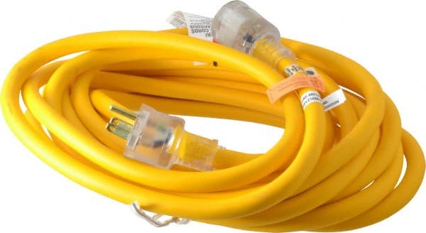 Southwire - 25', 14/3 Gauge/Conductors, Yellow Outdoor Extension Cord - 1 Receptacle, 15 Amps, 125 VAC, UL SEOOW, NEMA 5-15P, 5-15R - Exact Tooling