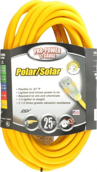Southwire - 25', 12/3 Gauge/Conductors, Yellow Outdoor Extension Cord - 1 Receptacle, 15 Amps, 125 VAC, UL SJEOOW, NEMA 5-15P, 5-15R - Exact Tooling
