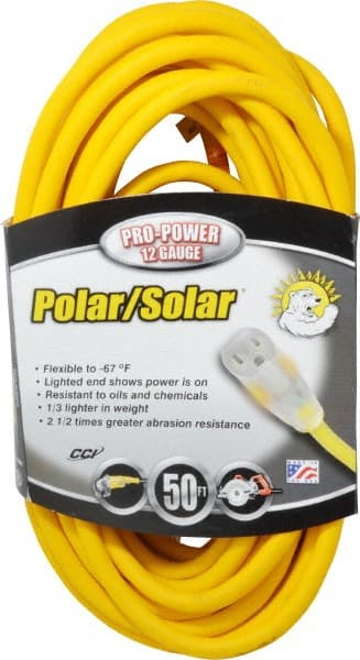 Southwire - 50', 12/3 Gauge/Conductors, Yellow Outdoor Extension Cord - 1 Receptacle, 15 Amps, 125 VAC, UL SJEOOW, NEMA 5-15P, 5-15R - Exact Tooling