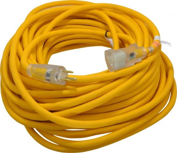 Southwire - 100', 12/3 Gauge/Conductors, Yellow Outdoor Extension Cord - 1 Receptacle, 15 Amps, 125 VAC, UL SJEOOW, NEMA 5-15P, 5-15R - Exact Tooling
