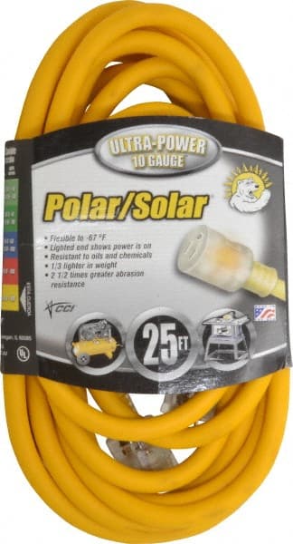 Southwire - 25', 10/3 Gauge/Conductors, Yellow Outdoor Extension Cord - 1 Receptacle, 15 Amps, 125 VAC, UL SJEOOW, NEMA 5-15P, 5-15R - Exact Tooling