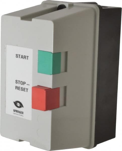 Springer - 32 Amp, 120 Coil VAC, 60 Hz, Nonreversible Enclosed IEC Motor Starter - Pushbutton Start Stop, 3 Phase Hp: 10 at 230 Volt, 20 at 460 Volt, 25 at 575 Volt - Exact Tooling