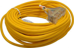 Southwire - 100', 12/3 Gauge/Conductors, Yellow Outdoor Extension Cord - 1 Receptacle, 15 Amps, 125 VAC, UL SJEOOW, NEMA 5-15P, 5-15R x 3 - Exact Tooling
