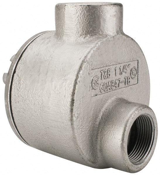 Thomas & Betts - (2) 1-1/4" Knockouts, Iron Round GUAB - 4.38" Overall Width x 2.69" Overall Depth - Exact Tooling