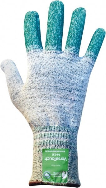 Ansell - Size M (8), ANSI Cut Lvl 4, Abrasion Lvl 4, Dyneema Diamond HPPE liner Cut Resistant Gloves - 12" Long, Knit Wrist, Gray/Green, Ambidextrous - Exact Tooling