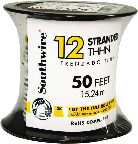 Southwire - THHN/THWN, 12 AWG, 20 Amp, 50' Long, Stranded Core, 19 Strand Building Wire - White, Thermoplastic Insulation - Exact Tooling