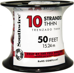Southwire - THHN/THWN, 10 AWG, 30 Amp, 50' Long, Stranded Core, 19 Strand Building Wire - Red, Thermoplastic Insulation - Exact Tooling