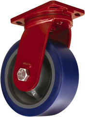 Hamilton - 12" Diam x 4" Wide x 15-1/2" OAH Top Plate Mount Swivel Caster - Polyurethane Mold on Forged Steel, 6,000 Lb Capacity, Tapered Roller Bearing, 6-1/2 x 7-1/2" Plate - Exact Tooling