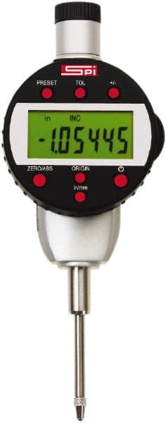 SPI - 0 to 1" Range, 0.00005" Graduation, Electronic Drop Indicator - Flat & Center Lug Back, Accurate to 0.0002", English & Metric System, LCD Display - Exact Tooling