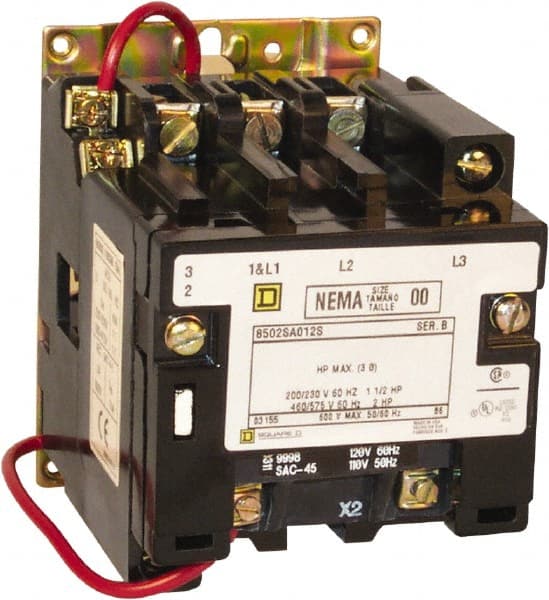 Square D - 3 Pole, 110 Coil VAC at 50 Hz and 120 Coil VAC at 60 Hz, 9 Amp NEMA Contactor - Open Enclosure, 50 Hz at 110 VAC and 60 Hz at 120 VAC - Exact Tooling