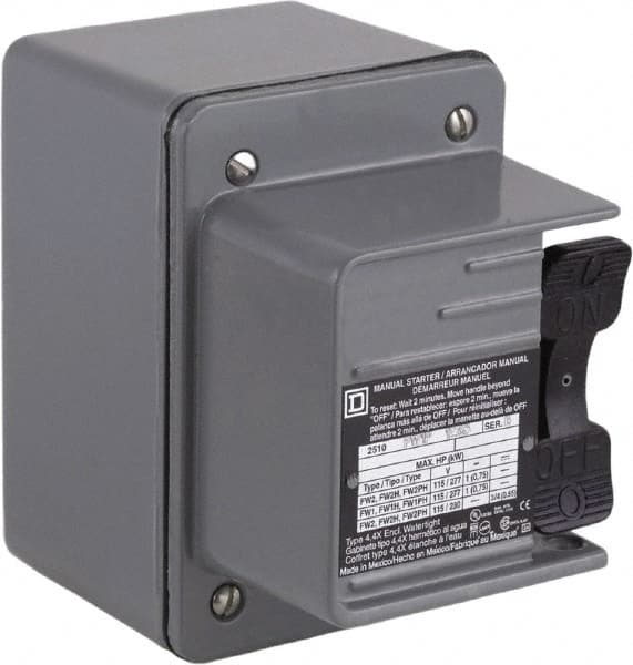 Square D - 2 Poles, 16 Amp, NEMA, Enclosed Toggle Manual Motor Starter - 1 hp at 115 VAC, 1 hp at 230 VAC, 1 hp at 277 VAC, 3/4 hp at 115 VDC & 3/4 hp at 230 VDC, CE, CSA, NEMA 4 & UL Listed - Exact Tooling