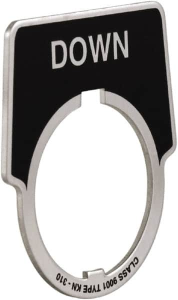 Schneider Electric - Aluminum Legend Plate - Down - Black Background, 30mm Hole Diameter, 1-3/4 Inch Wide - Exact Tooling
