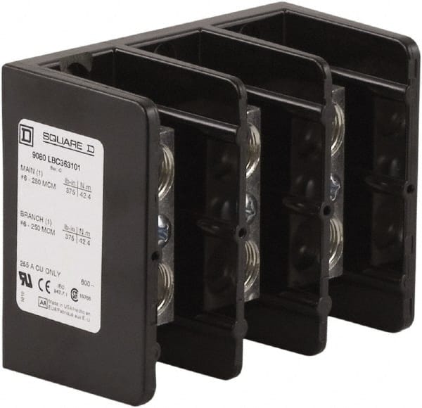 Square D - 3 Poles, 255 (Copper) Amp, Phenolic Power Distribution Block - 600 VAC, 1 Primary Connection - Exact Tooling