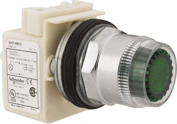Schneider Electric - 1.18 Inch Mount Hole, Extended Straight, Pushbutton Switch Only - Round, Green Pushbutton, Illuminated, Momentary (MO), Weatherproof, Dust and Oil Resistant - Exact Tooling