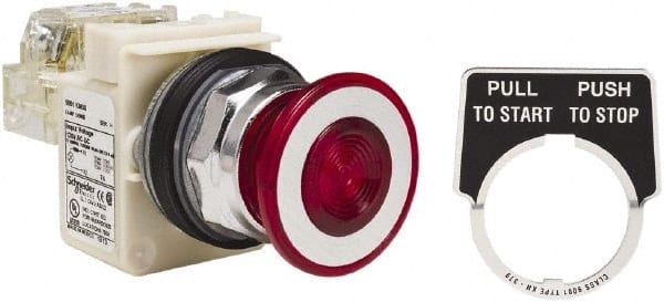 Schneider Electric - 30mm Mount Hole, Extended Straight, Pushbutton Switch with Contact Block - Red Pushbutton, Maintained (MA) - Exact Tooling