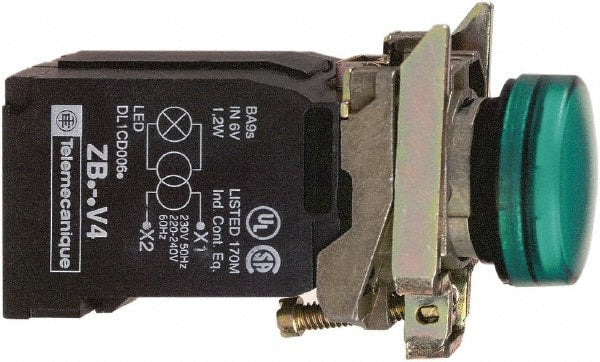 Schneider Electric - 110-120 VAC at 50/60 Hz Green Lens Incandescent Pilot Light - Round Lens, Screw Clamp Connector, 30mm Wide, Vibration Resistant, Water Resistant - Exact Tooling